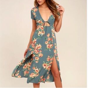 Lulu's Teal Floral Midi Dress with Peach Blooms
